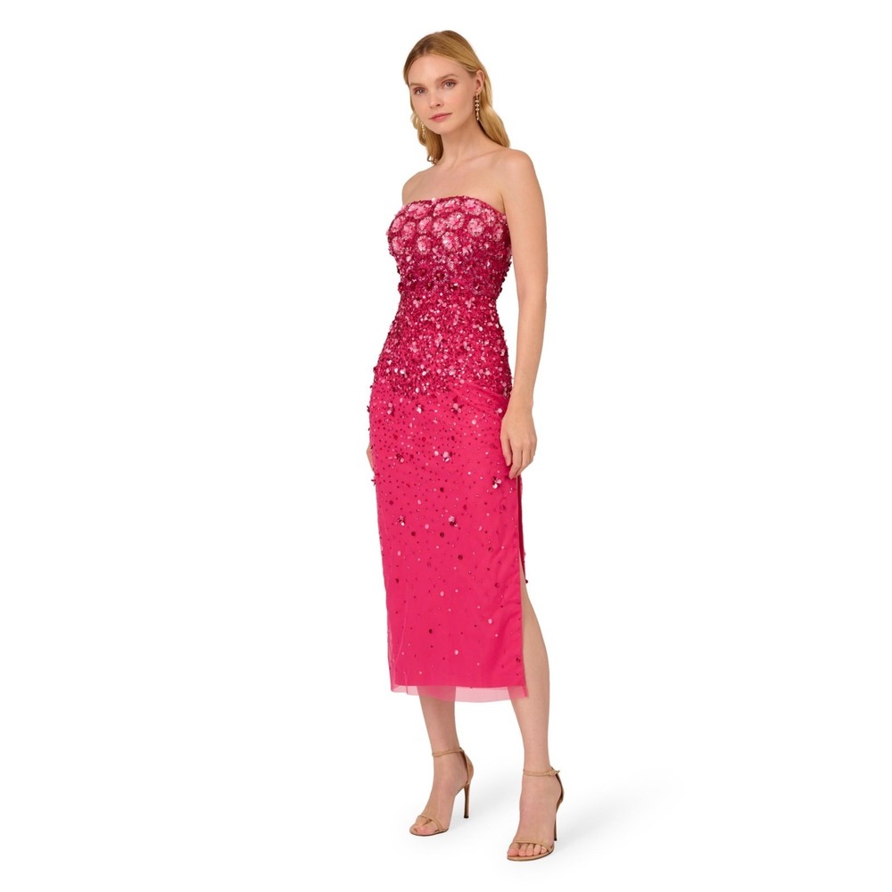 Adrianna Papell Hot Pink Beaded Strapless Midi Formal‎ Dress-New W/O Tags - 8